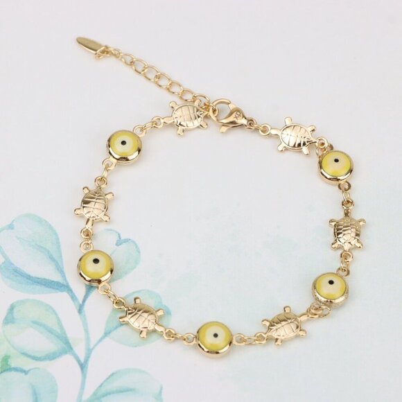 "Rose Gold Turtle & Yellow Evil Eye Bracelet, Cute Protective Design, XPBL0744 - Picture 11 of 12